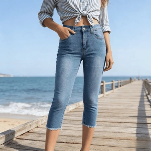 Close-up of light blue slim fit cropped jeans with trendy frayed hems on a sunny wooden deck