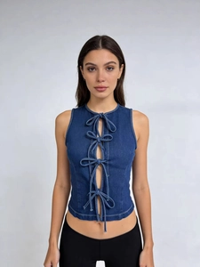 Haut Sans Manches en Denim Slim Fit pour Femmes Bleu Foncé avec Nœud Papillon Gilet Court Streetwear Mode Rétro Coton