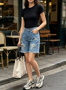 Dettaglio degli shorts in denim a vita alta con orli sfilacciati e trame strappate usate