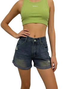 High waist vintage denim shorts with ripped details and rolled cuffs in dark blue