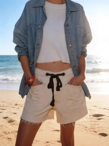 Women Casual Washed Denim Shorts Drawstring Cargo Pockets Frayed Distressed High Waist Streetwear Summer Denim Short Pants