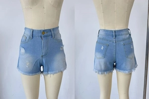 Front and back view of light blue high waisted distressed denim shorts with frayed hem detail