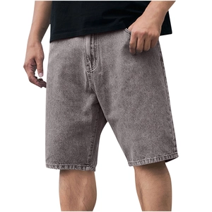 Macro detail of heavy washed grey denim shorts for men with premium stitching