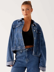 Veste en Jean Lavée Décontractée pour Femmes Revers Manches Longues Boutonnage Simple Vêtements d'Extérieur Couleur Unie Coupe Ample Manteau en Jean