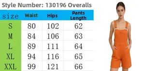 Detailed size chart for loose multi-pocket denim overalls from S to XXL measurements