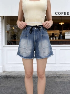 Men's retro distressed denim shorts with large pockets and drawstring waist in dark blue