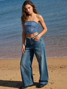 Ensemble Haut et Bas en Denim pour Femme Taille Haute Jambe Large Effet Vieilli Bleu Lavé Tenues Décontractées