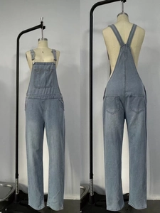 Front and back view of light blue denim overalls with chest pocket and straight leg design