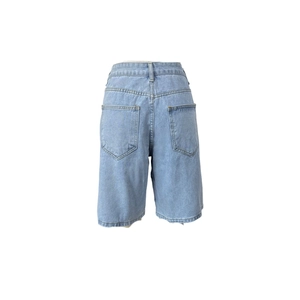 Rear view of light blue denim Bermuda shorts showing back pockets and stitching details