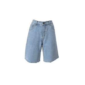 Detailed flat lay of light blue denim shorts featuring classic five-pocket design