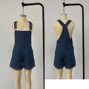 Front and back view of dark blue denim overalls featuring adjustable straps and pockets