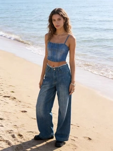 Ensemble en jean vintage à taille haute avec crop top et jean délavé large