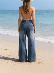 Jean vintage à taille haute et jambe large pour femme avec poches et coupe décontractée