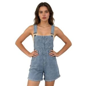 Detail view of light blue denim overalls with adjustable straps and cuffed hem styling