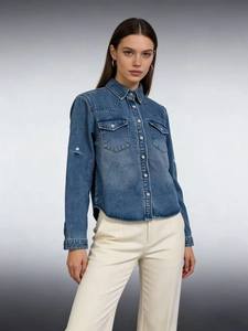 Women Loose Casual Long Sleeve Denim Shirt Washed Blue Cotton Blend Lapel Button Down Blouse With Dual Chest Pockets