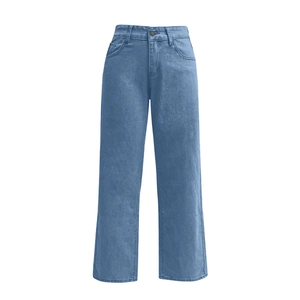 Detailed view of mid-blue tencel denim pants featuring classic button and zipper closure