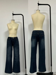 Front and back detail of wide-leg blue jeans featuring vintage wash and whisker texture