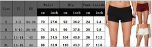 Size chart for women's high waist denim shorts showing waist and hip measurements