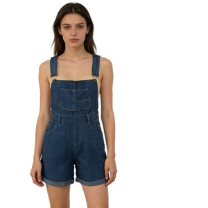 Detailed close-up of dark blue denim short overalls featuring front pocket and metal buckles