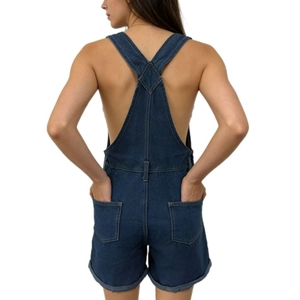 Detailed back view of loose fit denim overalls with crisscross straps and rear pockets