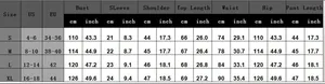 Detailed size guide table for women retro denim set showing top and pants measurements