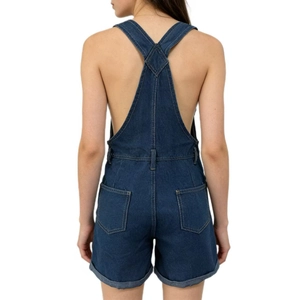 Rear view of dark blue denim overalls featuring crisscross straps and back pockets