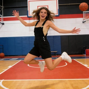 Action shot of black denim overalls featuring adjustable straps and white side buttons
