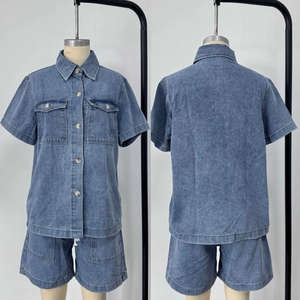 Front and back view of casual blue denim set featuring button shirt and loose shorts