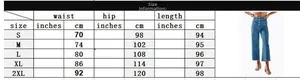 Size chart for high waisted wide leg jeans with waist and hip measurements in cm