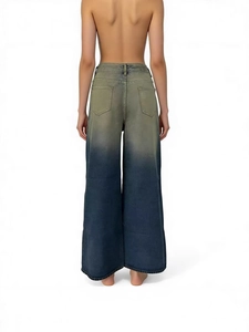 Women's baggy wide-leg jeans with green to blue gradient wash and high waist silhouette
