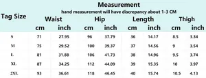 Detailed size chart for women denim shorts with waist hip and length measurements in cm