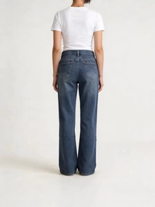 Relaxed fit wide leg denim jeans for women in vintage wash blue with classic back pockets