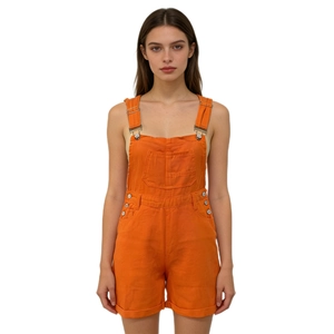 Detailed front view of bright orange denim overalls with adjustable metal buckles and chest pocket