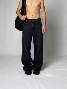 Jeans Homme Rétro Américain High Street Droit Large Pantalons en Denim Lavé Vintage Pantalon Décontracté Bleu Clair Noir