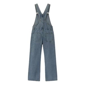 Detail view of the back of light blue washed denim overalls with crisscross straps