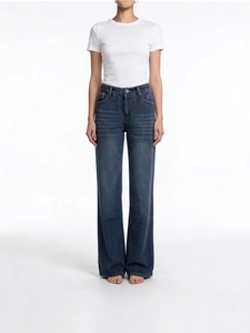 Retro low waist wide leg jeans in dark blue denim featuring whiskered washing detail