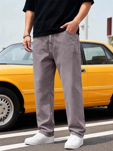 Men's loose straight-leg tencel denim pants in purple grey with a retro wash style