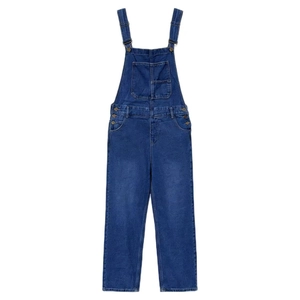 Detail of adjustable buckle straps and large front chest pocket on denim overalls
