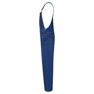 Detail view of denim overalls with metal buckles and side buttons on navy fabric