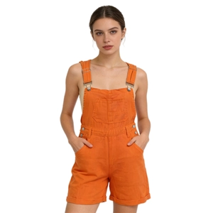 Close-up of orange denim overalls featuring adjustable metal buckles and chest pocket
