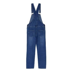 Back view of loose-fit dark blue denim overalls with H-shaped straps and square pockets