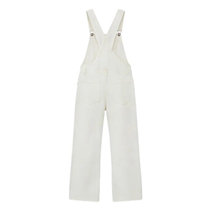 Detailed back view of off-white denim overalls featuring cross straps and dual back pockets