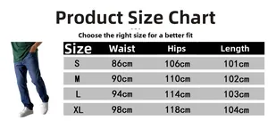 Tableau des tailles détaillé pour jeans homme avec taille, hanches et longueur en cm