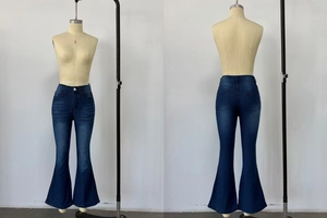 Front and back view of high waisted flared denim jeans with vintage washed finish