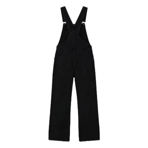 Back view of black denim overalls showing crossed straps and dual large patch pockets