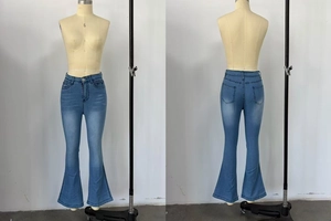 Front and back view of light blue high-waisted flare jeans with washed denim finish