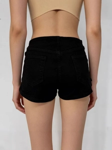 Slim fit high waisted black denim shorts for women with back pockets and folded hem