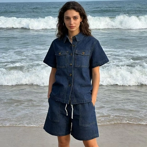 Deep blue denim set with short-sleeve button-down shirt and drawstring waist shorts