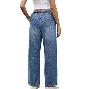 Rear view of women's washed blue wide-leg denim jeans with elastic waist and back pockets
