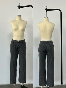 Front and back detail views of men's loose fit straight-leg denim jeans in dark grey